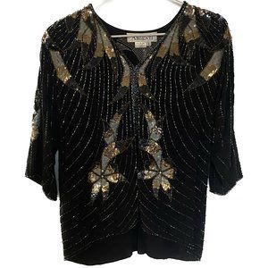 Vintage Party Top Women Small Black Gold Sequins Silk 80s Disco NYE Holiday